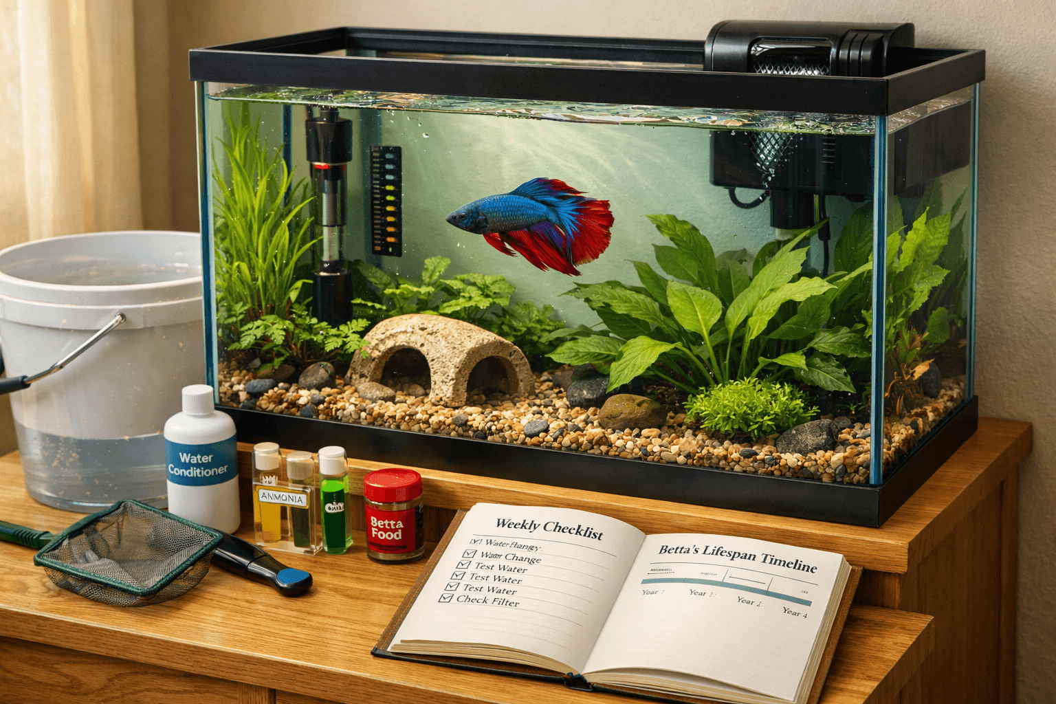 Planted 10-gallon betta aquarium with care supplies and log outlining how long does a betta live.