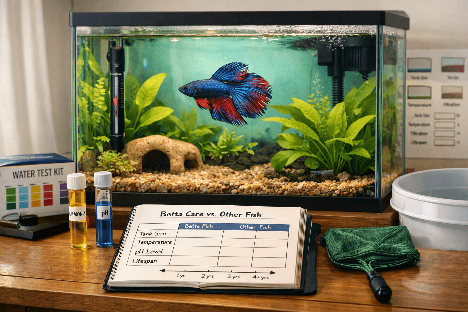 Blue-red betta in a planted aquarium beside a care notebook, test kit, and heater; text asks how long does a betta live