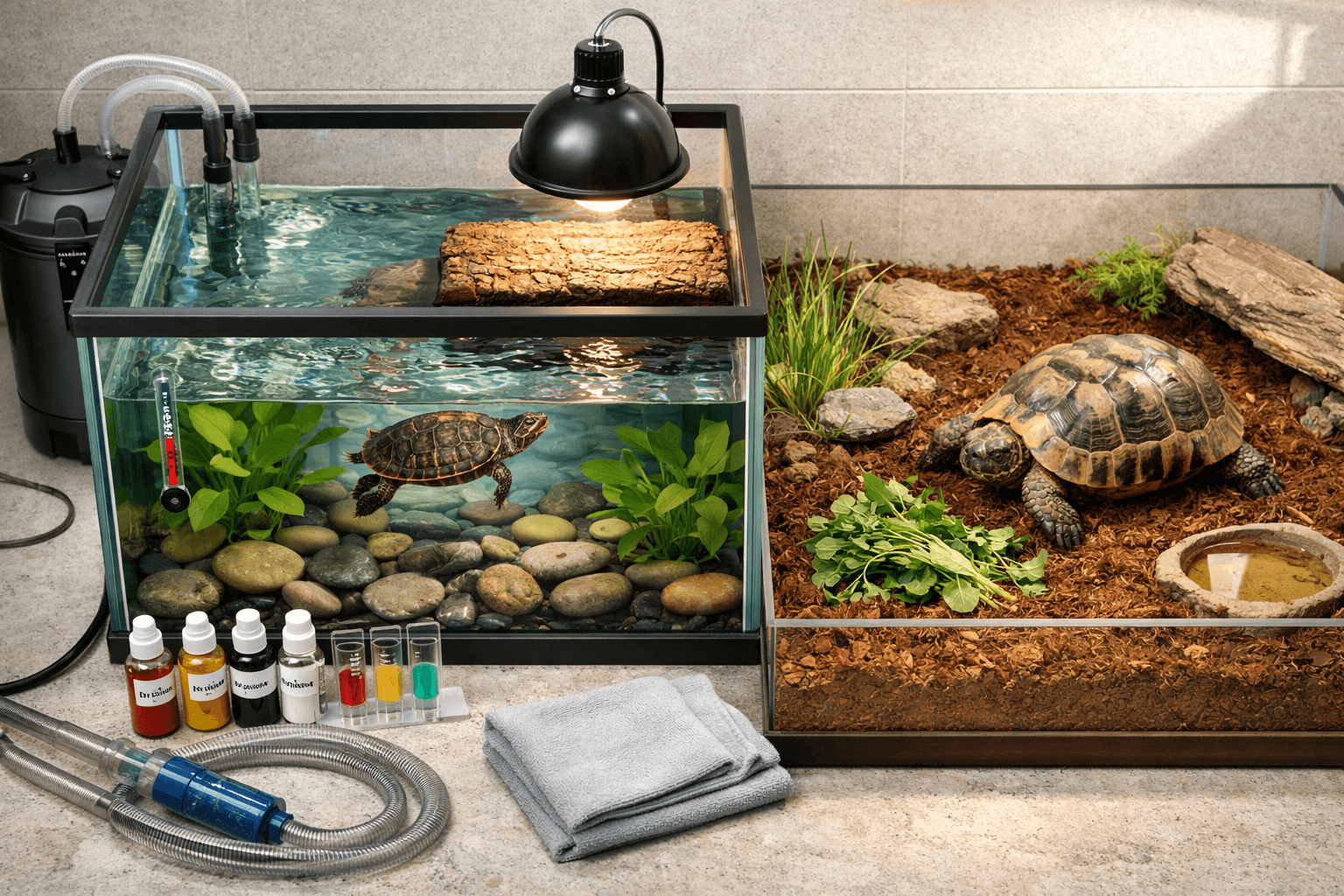Overhead comparison of aquatic turtle and land tortoise habitats with care supplies, plants, basking dock, and clean water; turtle vs tortoise