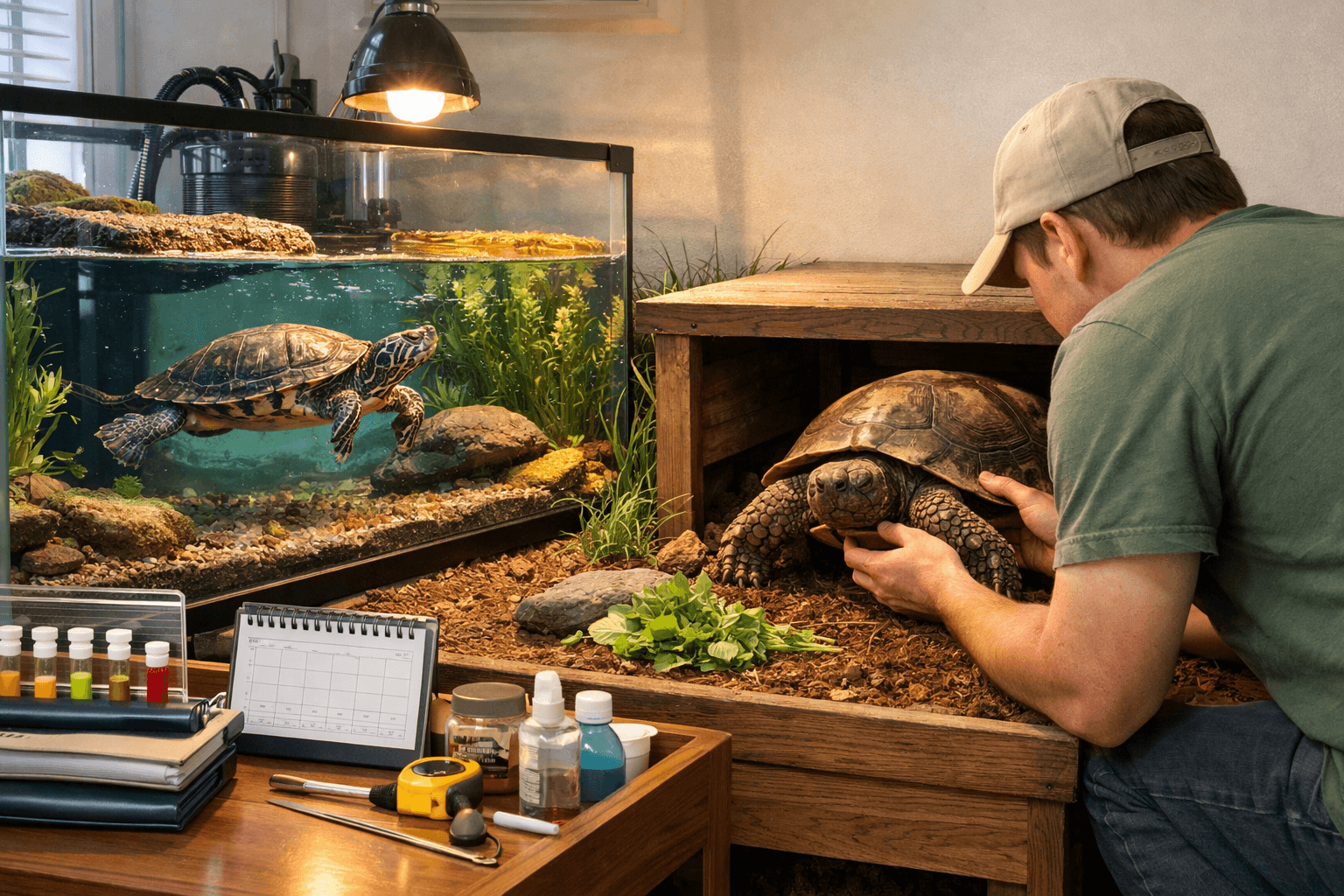 turtle vs tortoise: aquatic turtle in a filtered aquarium beside a land tortoise in a dry terrarium, with owner and care supplies