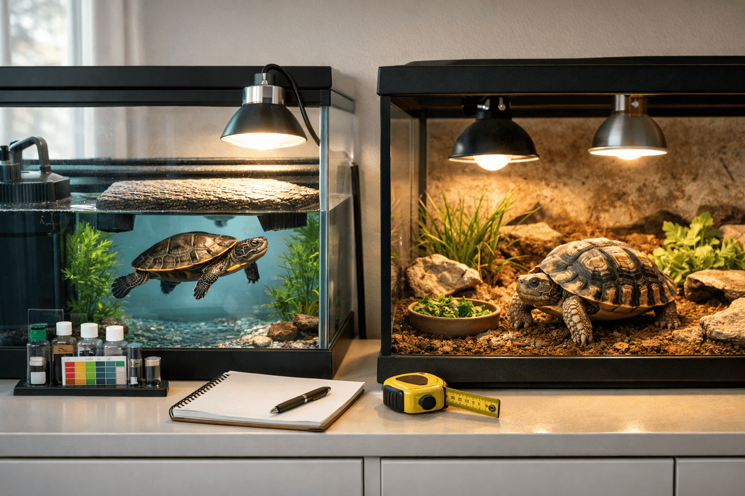Turtle vs tortoise: aquatic turtle in a filtered tank beside a tortoise in a planted dry terrarium, with UVB lighting.