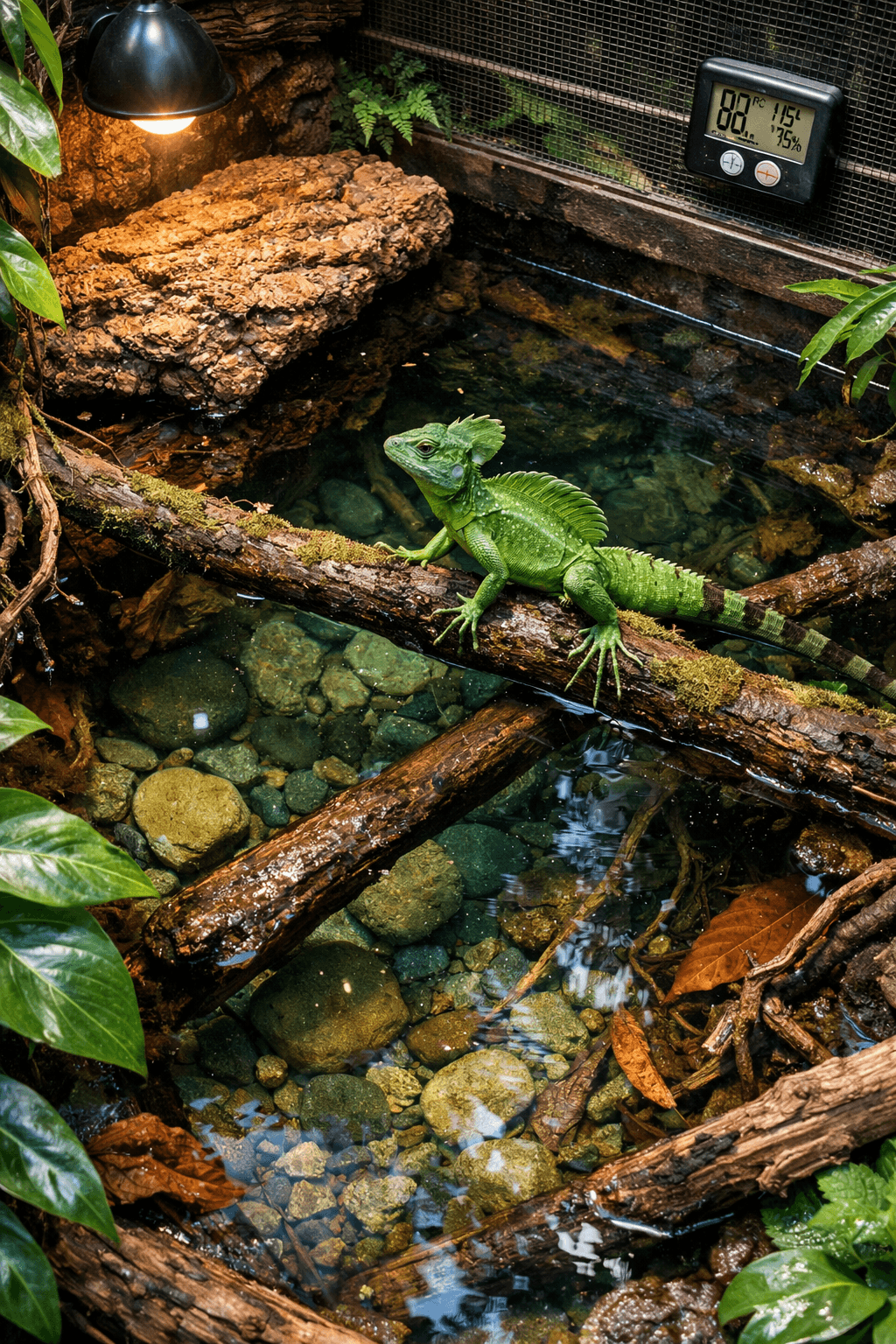 Overhead rainforest enclosure with a basilisks lizard poised on a branch above a clear, stone-lined basin.