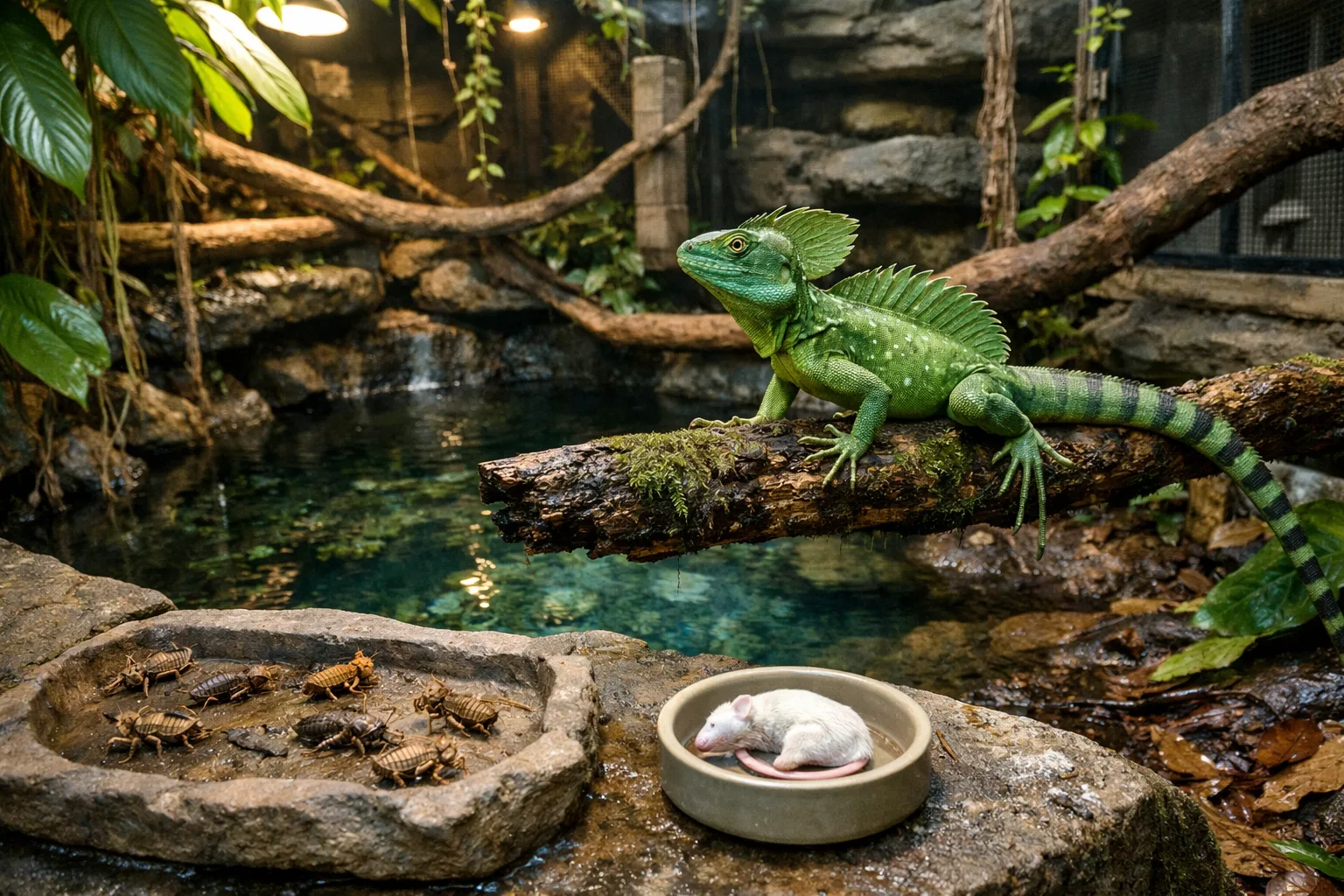 Basilisks lizard perched above a clear basin in a lush rainforest enclosure, with crickets and locusts on a stone feeding ledge.