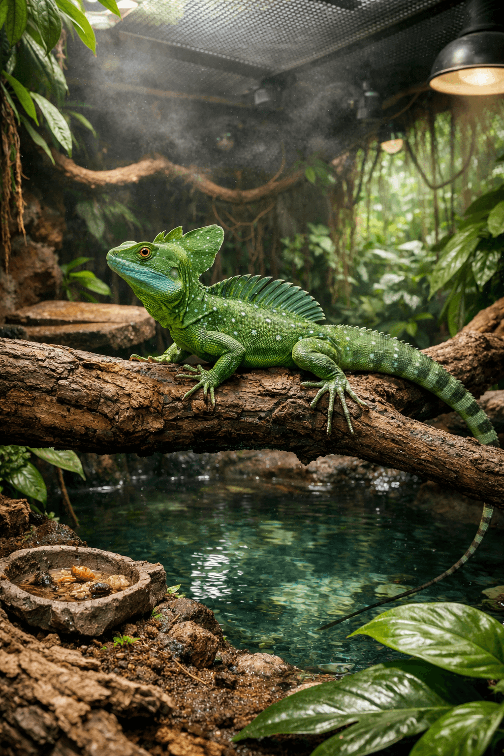 Green basilisks lizard perched on a branch above clear water in a lush, humid rainforest enclosure.