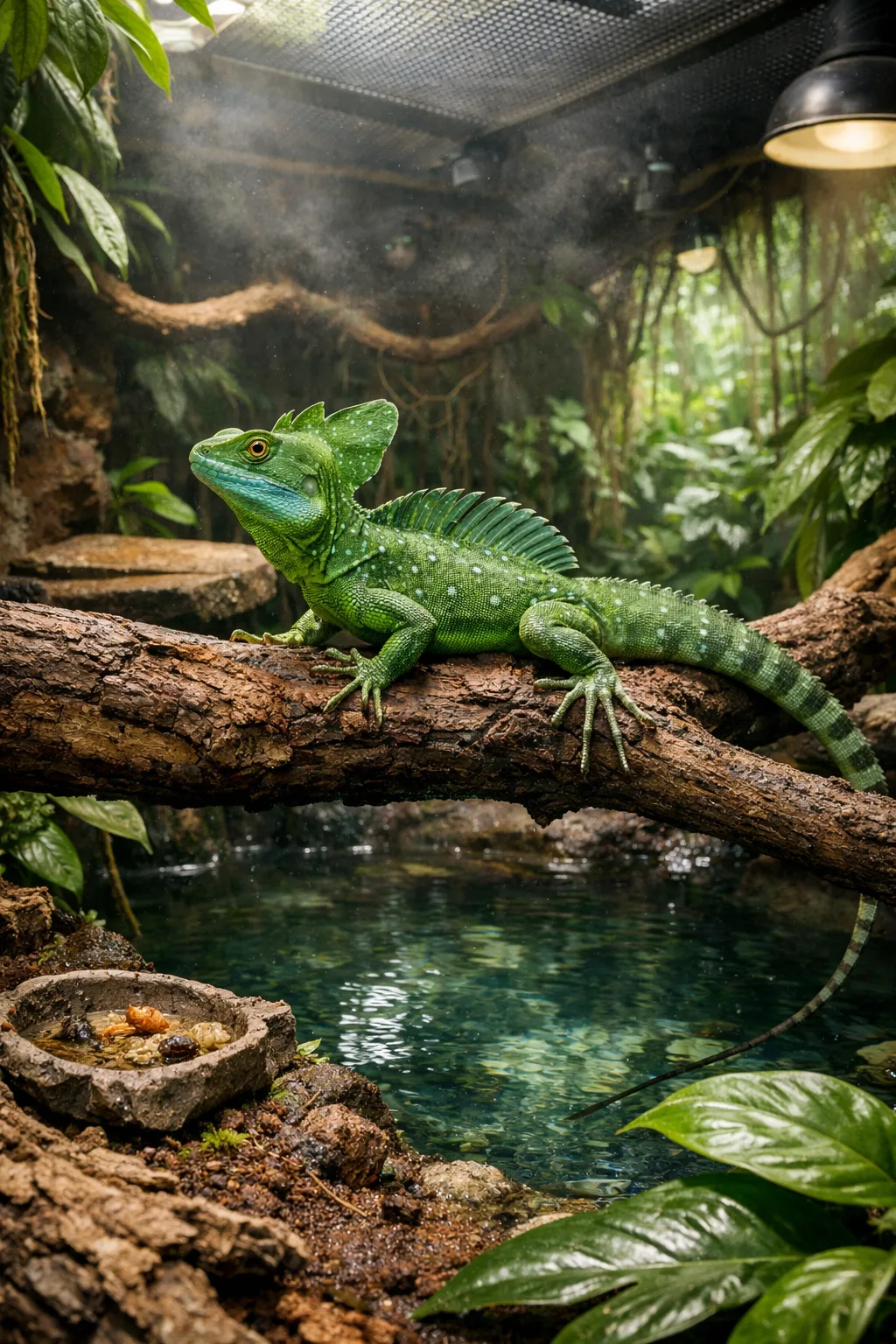Green basilisks lizard perched on a branch above clear water in a lush, humid rainforest enclosure.