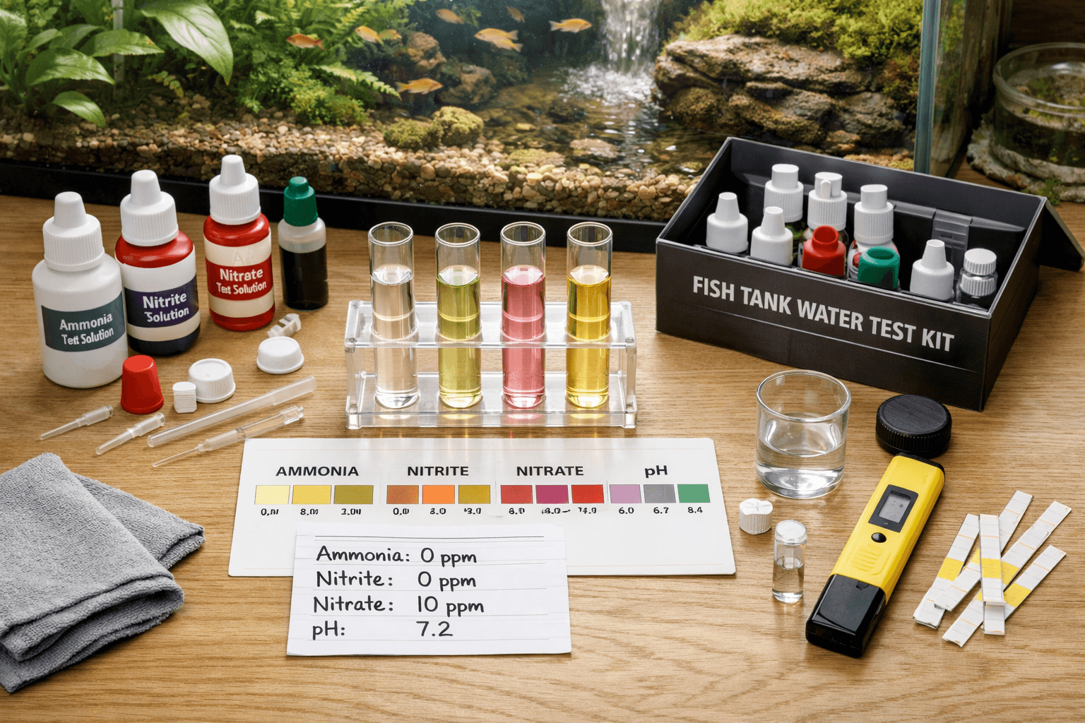 Overhead aquarium testing workspace with tubes, reagents, chart, results card, and fish tank water test kit beside a planted tank.