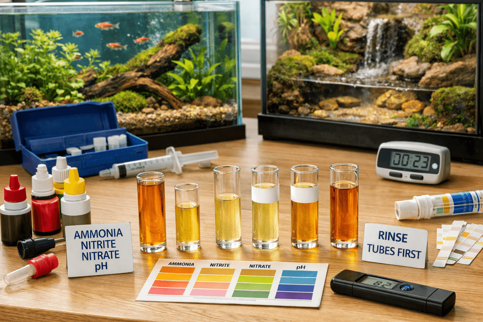 Aquarium testing station with fish tank water test kit, mislabeled samples, overfilled tube, reagents, and planted tanks.
