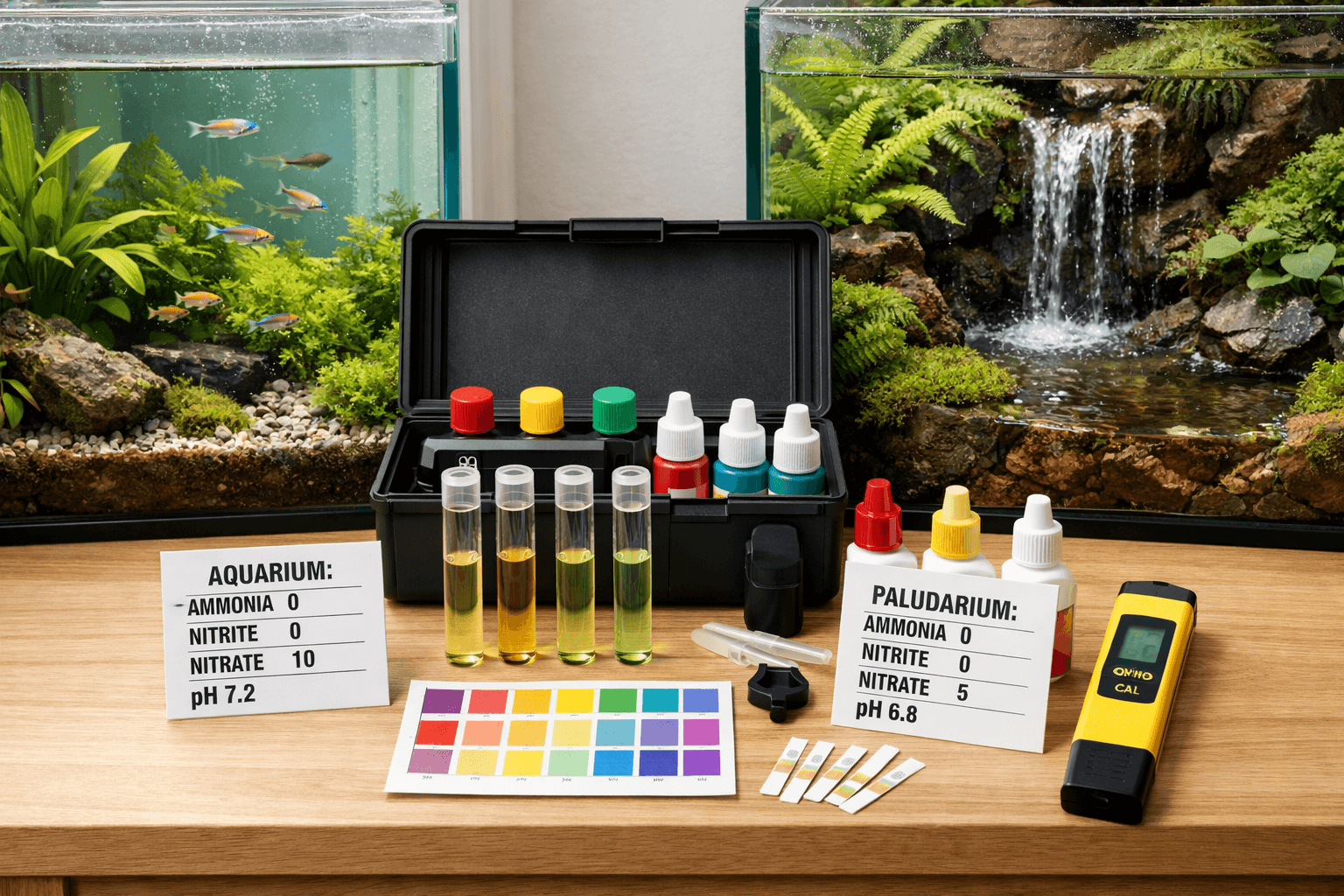 Fish tank water test kit between a planted aquarium and paludarium, with sample tubes, charts, and water results cards.