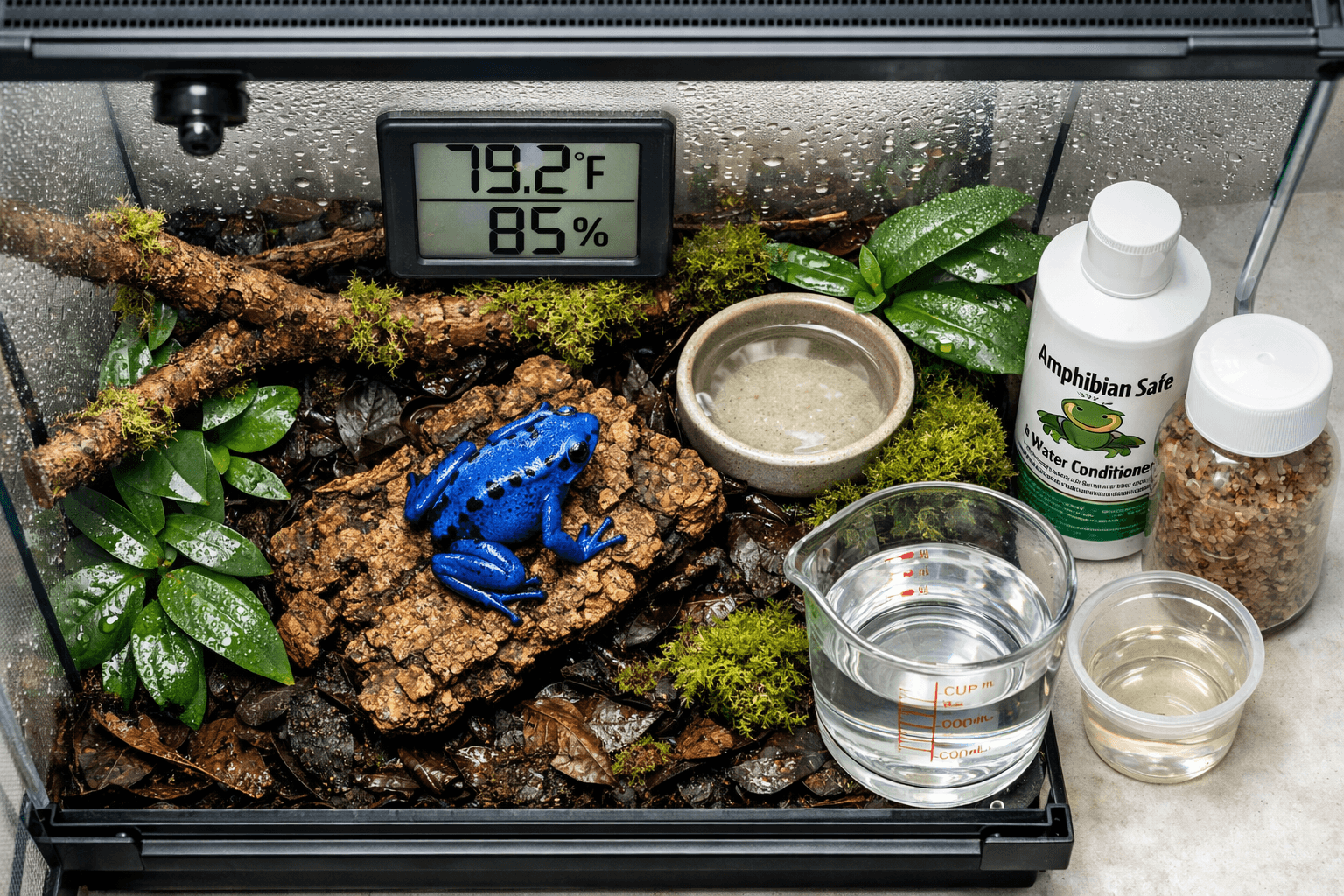 Overhead terrarium view of a blue poison dart frog among tropical plants, with hygrometer, thermometer, water supplies, and care tools.