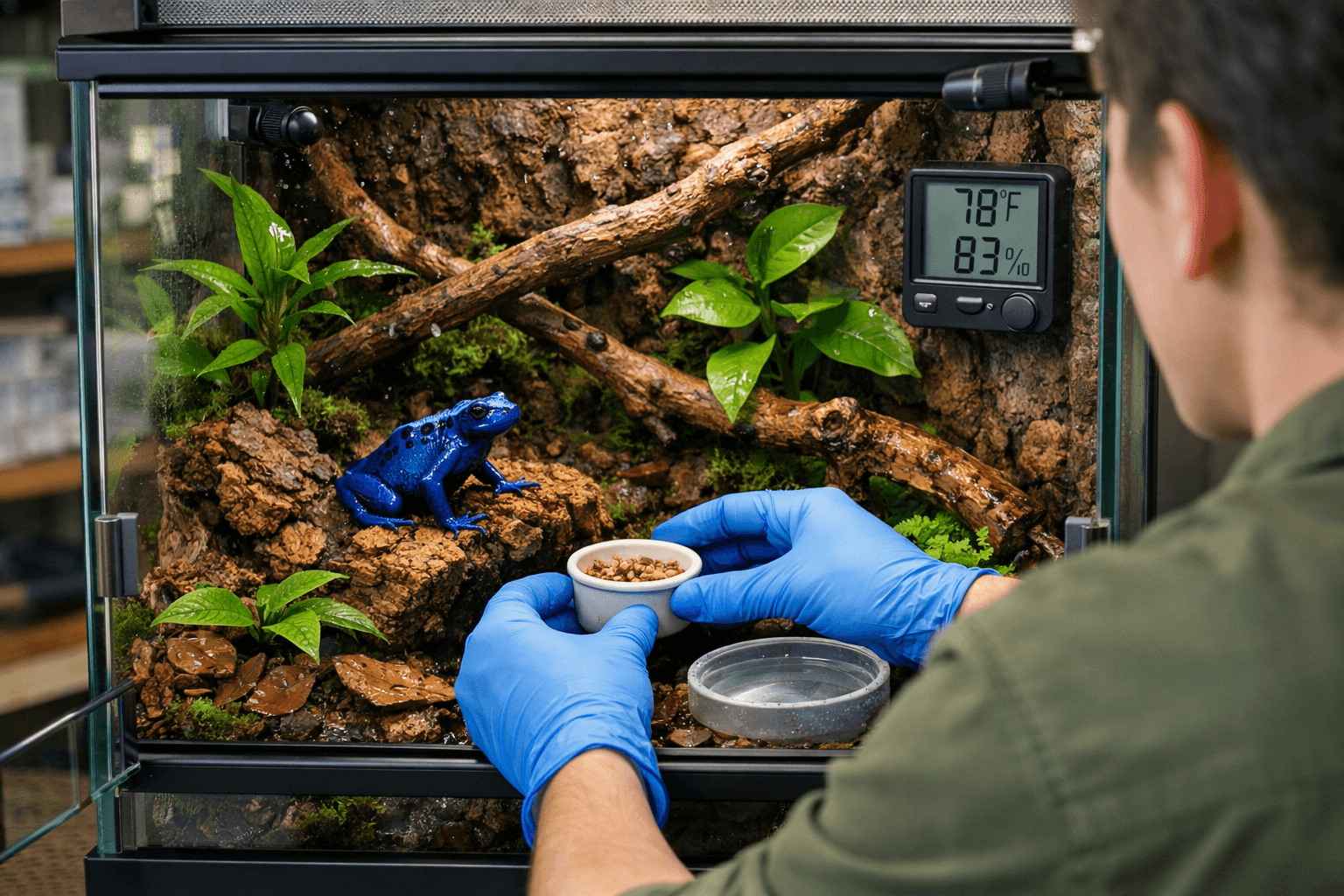 Blue poison dart frog perched on cork bark in a planted glass terrarium as a gloved keeper places a fruit-fly cup.
