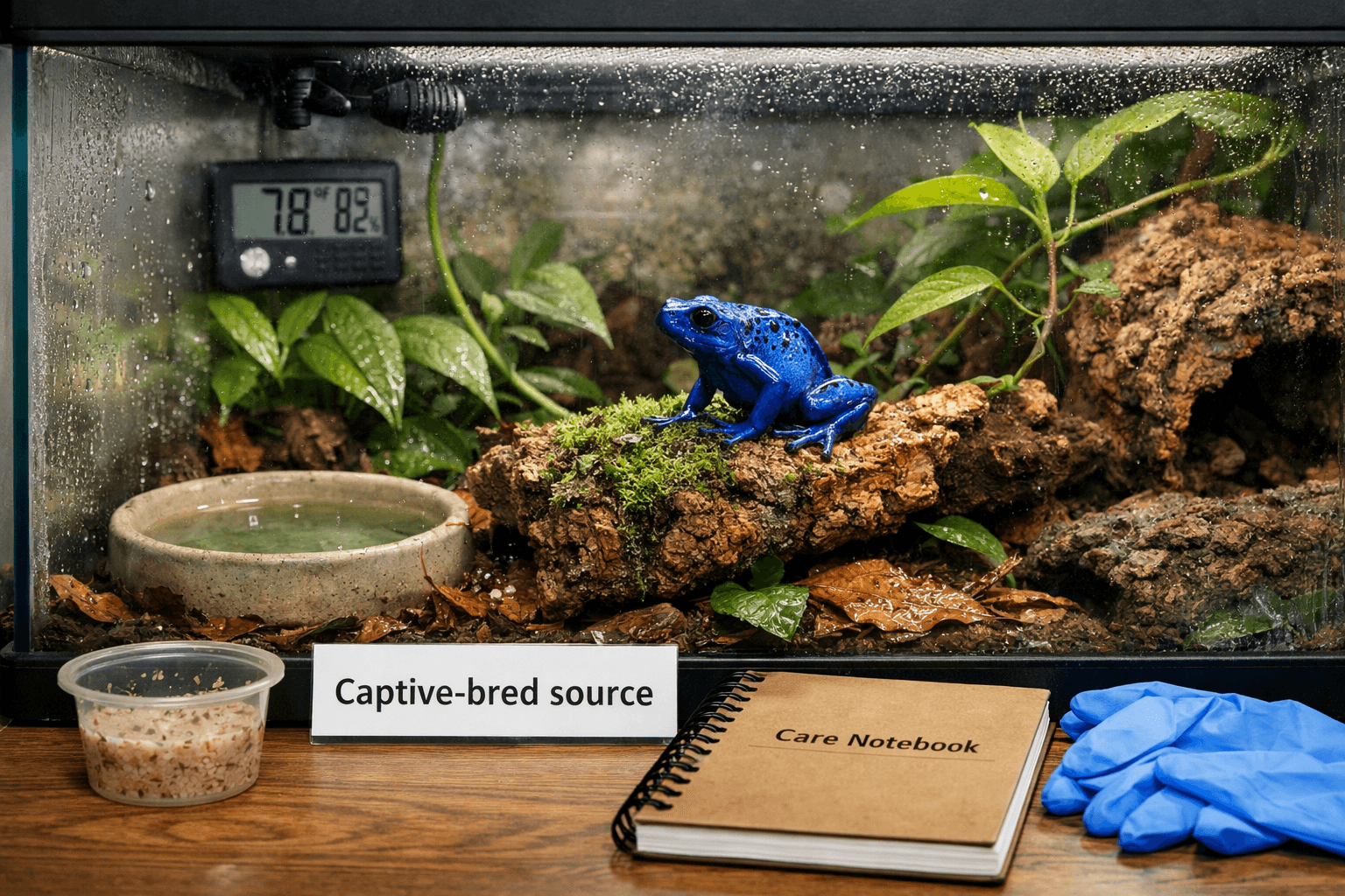 Blue poison dart frog perched on mossy cork in a clean terrarium with plants, care supplies, and humidity gauges.