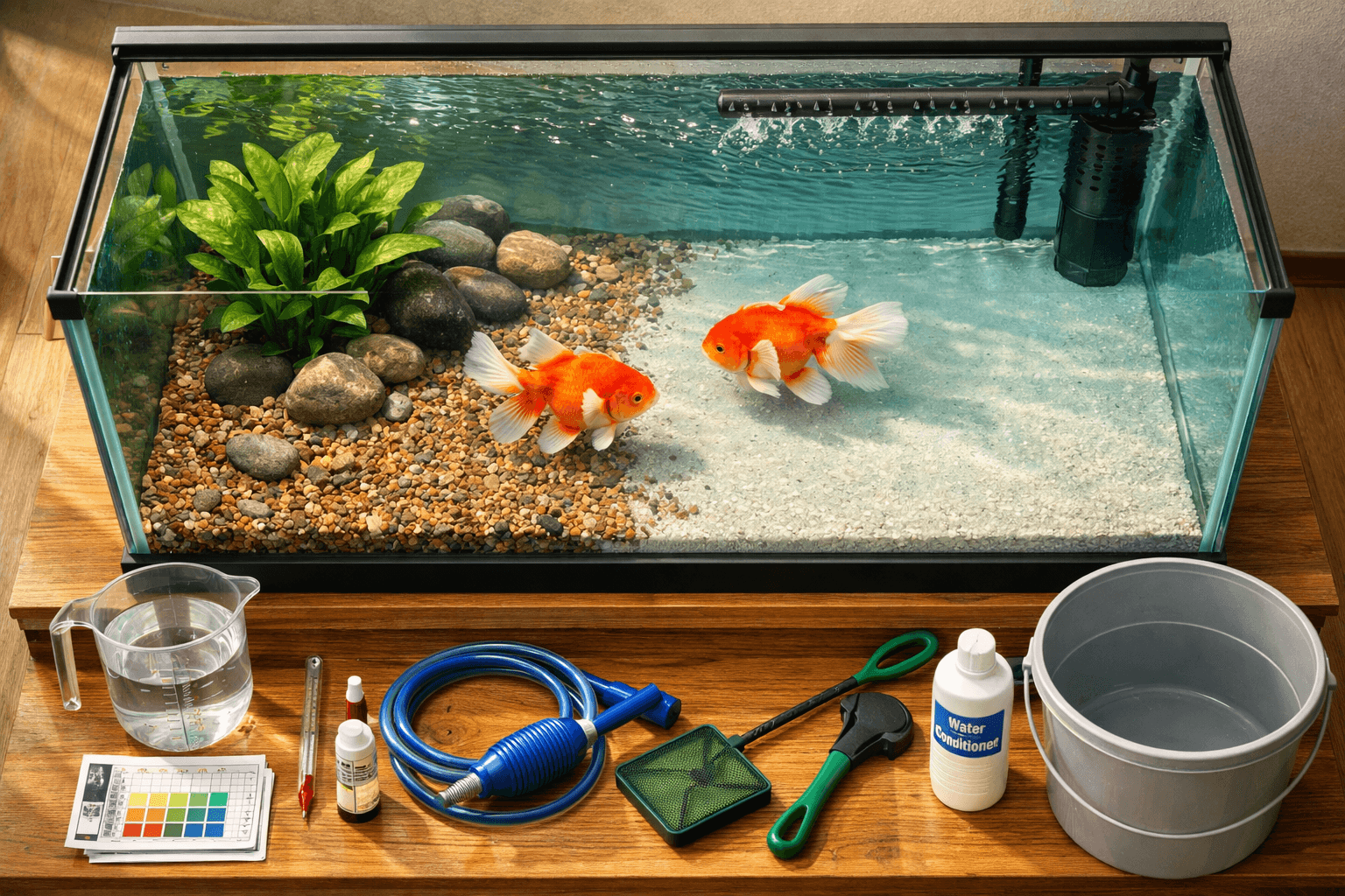 Overhead view of a spacious goldfish tank with two orange-white fancy goldfish, plants, rocks, filter, and care equipment.