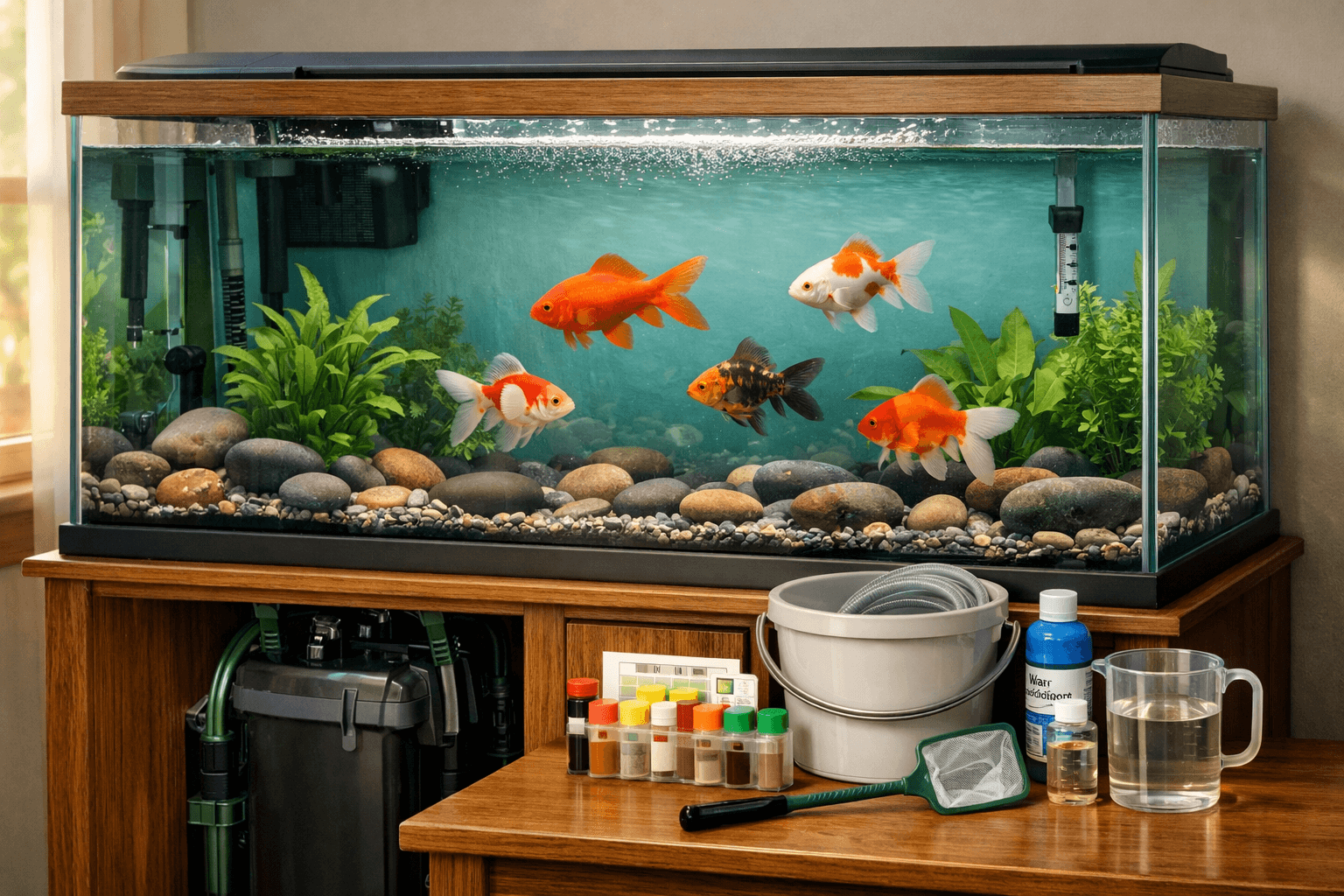 Spacious, clean goldfish tank with healthy fish, plants, gentle filtration, and organized aquarium care supplies on a wood stand.