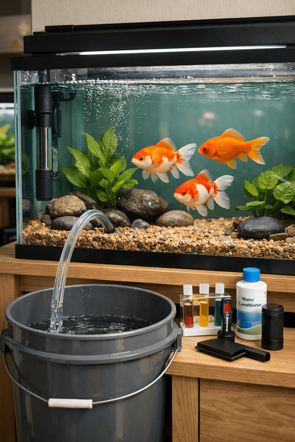 Goldfish tank during a partial water change, with three fish, siphon hose, bucket, plants, gravel, and care tools.