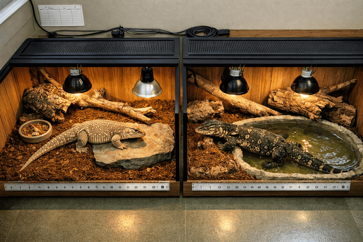 Overhead view of two reptile enclosures: a savannah monitor and larger Asian water monitor, with basking lamps and water basin; lizard big