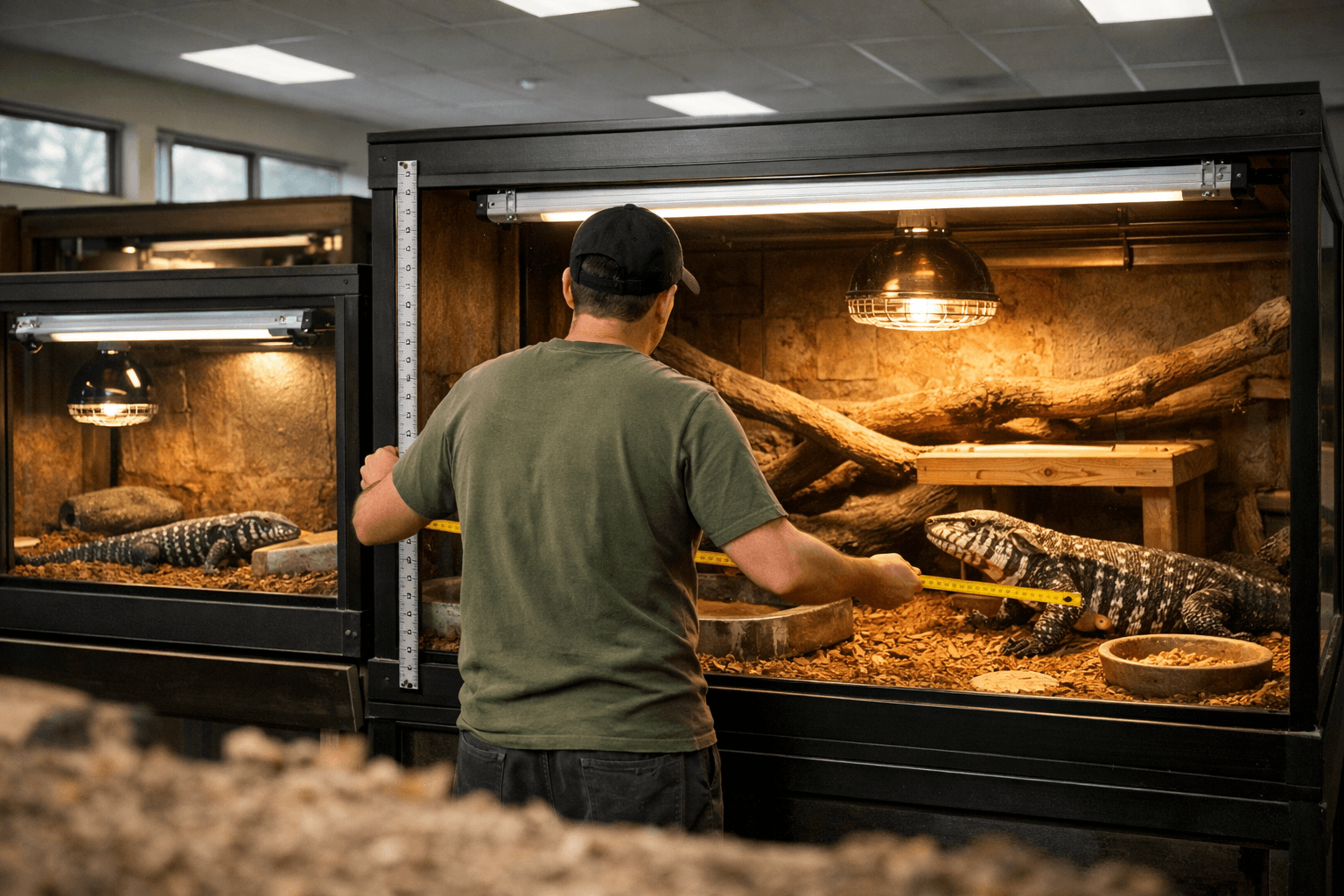 Wide reptile room with juvenile and adult tegus in scaled enclosures; keeper measures lighting, showing lizard big habitat needs.