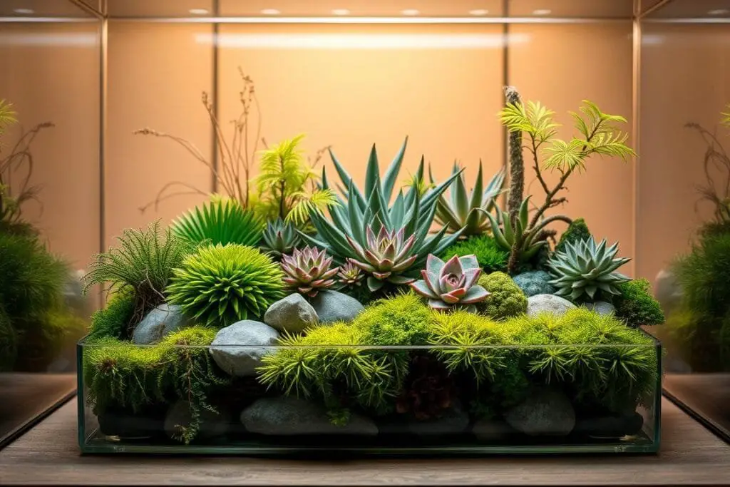 A beautifully crafted terrarium design by Ben Newell, showcasing his expertise in creating miniature, self-sustaining ecosystems. In the foreground, a lush arrangement of verdant mosses and delicate ferns cascades over smooth river rocks, creating a serene, natural tableau. The middle ground features a mix of vibrant succulents and air plants, their geometric forms providing a striking contrast to the softer foliage. In the background, a backdrop of translucent glass panels allows the terrarium to be a window into this enchanting, sealed world, illuminated by warm, diffused lighting that casts a cozy, inviting glow. The overall composition is a harmonious balance of textures, colors, and forms, capturing the essence of Worcester's terrarium artistry.