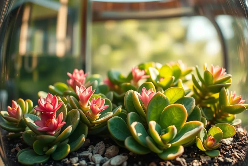 A beautifully lit, close-up photograph of a lush, thriving Kalanchoe plant in a glass terrarium. The plant's thick, fleshy leaves and vibrant flowers fill the foreground, their colors and textures captured in sharp detail. The middle ground features a layer of soil and small decorative rocks, while the background showcases the transparent glass walls of the terrarium, allowing a glimpse of the natural environment beyond. Soft, directional lighting casts warm, diffused shadows, creating a sense of depth and dimension. The overall scene conveys a tranquil, serene atmosphere, reflecting the long-term care and nurturing required to maintain a healthy, flourishing Kalanchoe terrarium.
