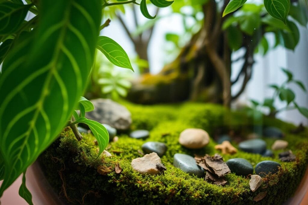 A close-up view of a lush, verdant Fittonia terrarium, showcasing its intricate layered structure. In the foreground, vibrant green Fittonia leaves with delicate white veins cascade over the edge of the glass container, creating a sense of depth and texture. The middle ground reveals a carefully arranged mossy substrate, dotted with small stones and bits of bark, providing a natural-looking base for the plant. In the background, a soft, diffused lighting filters through the container, casting gentle shadows and highlighting the terrarium's depth. The overall composition conveys a sense of tranquility and the harmonious balance of a well-crafted, low-maintenance indoor garden.