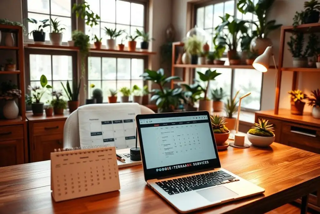 A cozy home office with a large wooden desk and shelves displaying various terrarium plants. In the foreground, a calendar and a laptop with a scheduling app open, conveying the idea of planning and organizing terrarium services. The middle ground features potted succulents, moss, and small decorative items, hinting at the terrarium design process. The background shows large windows with soft natural light filtering in, creating a serene, plant-filled atmosphere. The lighting is warm and welcoming, reflecting the attention to detail and personalized service of a professional terrarium designer.