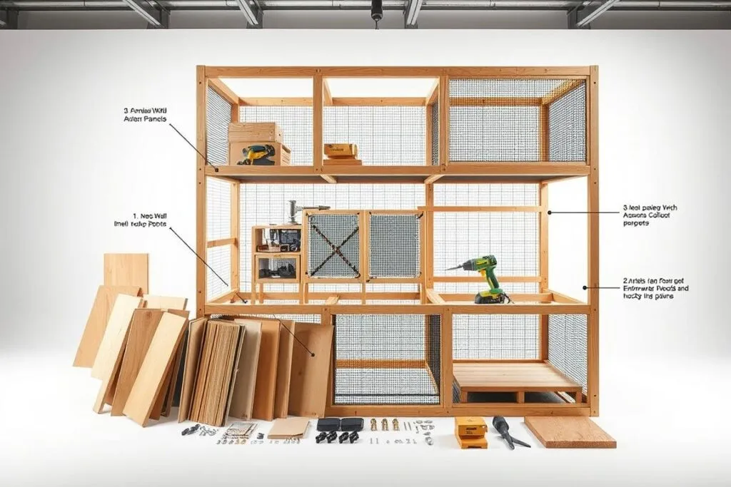 A detailed construction diagram showcasing the step-by-step process of assembling a sturdy, well-ventilated vivarium framework. In the foreground, an array of wooden panels, mesh panels, and hardware components are meticulously arranged, highlighting the materials required. The middle ground depicts the assembly sequence, with partially constructed sections and tools in use. In the background, a clean, minimalist studio setting with soft, diffused lighting accentuates the technical aspects of the build. The overall mood conveys a sense of precision, organization, and attention to detail, reflecting the careful planning and execution needed to create a high-quality enclosure. A detailed construction diagram showcasing the step-by-step process of assembling a sturdy, well-ventilated vivarium framework. In the foreground, an array of wooden panels, mesh panels, and hardware components are meticulously arranged, highlighting the materials required. The middle ground depicts the assembly sequence, with partially constructed sections and tools in use. In the background, a clean, minimalist studio setting with soft, diffused lighting accentuates the technical aspects of the build. The overall mood conveys a sense of precision, organization, and attention to detail, reflecting the careful planning and execution needed to create a high-quality enclosure.