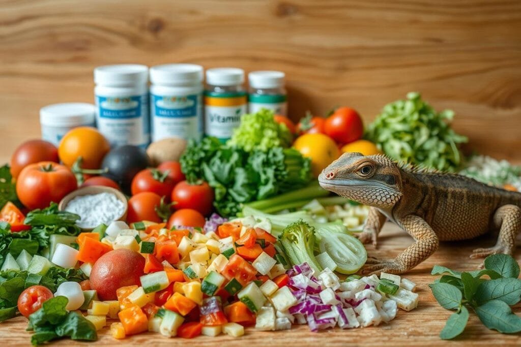 A detailed still life of a Chinese water dragon's balanced diet and essential supplements. In the foreground, a variety of freshly chopped vegetables, fruits, and leafy greens, arranged in a visually appealing manner. In the middle ground, various supplement containers, such as calcium and vitamin powders, arranged neatly. In the background, a natural wood-grain surface, creating a warm, earthy tone. Soft, diffused lighting casts gentle shadows, highlighting the vibrant colors and textures of the ingredients. The overall composition conveys a sense of nourishment, health, and attention to the reptile's dietary needs.