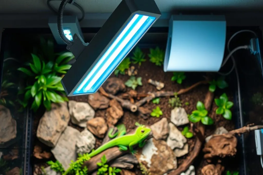 A detailed, well-lit overhead view of a green anole terrarium, showcasing an expertly crafted UVB lighting setup. The foreground features a sleek, modern UVB lamp fixture mounted above a lush, naturalistic habitat filled with plants, rocks, and branches. The middle ground highlights the anole's basking spot, where the reptile can bask comfortably under the warmth and UVB rays. The background depicts the terrarium's overall layout, with a balanced mix of lighting, decor, and carefully selected substrates that create an ideal environment for the thriving green anole. The scene conveys a sense of professional care and attention to detail, capturing the essence of the "Selecting the Right Lighting and UVB Solutions" section.