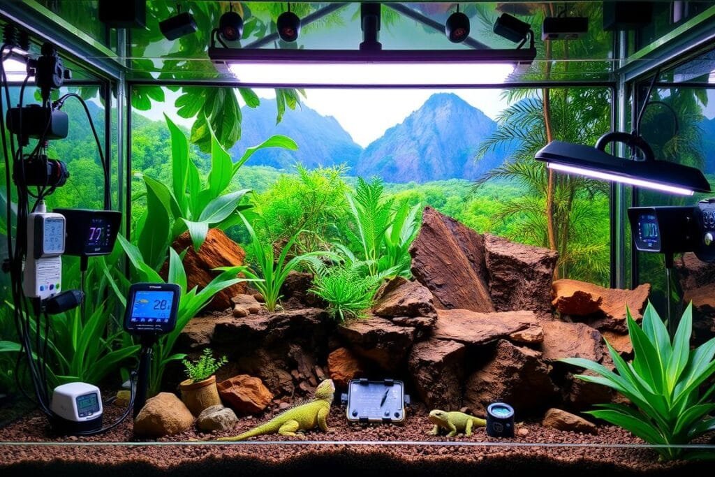 A detailed, well-lit reptile enclosure with a natural, verdant background. In the foreground, a carefully curated terrarium setup showcases a range of thermostats, hygrometers, and UVB/heat lamps, all strategically positioned to create the optimal temperature and lighting conditions for thriving reptiles and amphibians. The middle ground features a visually engaging mix of live plants, rocks, and textured substrates, while the background depicts a lush, tropical landscape, immersing the viewer in a serene, naturalistic environment. The overall atmosphere conveys a sense of balance, safety, and the ideal habitat for a flourishing paludarium ecosystem.
