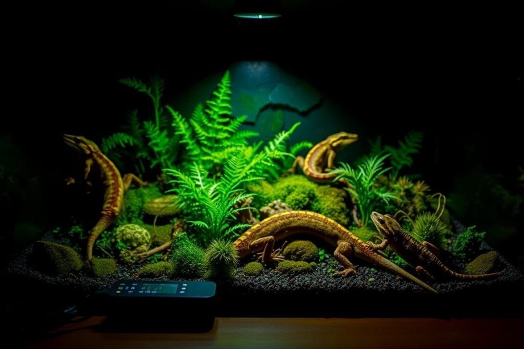 A dimly lit, cozy reptile enclosure showcases a meticulously crafted microclimate. In the foreground, an array of temperature and humidity sensors delicately monitor the environment, their sleek, contemporary design blending seamlessly with the natural decor. The middle ground features a lush, verdant terrarium teeming with ferns, mosses, and other thriving vegetation, creating a believable, naturalistic habitat. In the background, a soft, warm lighting casts a gentle glow, casting shadows that accentuate the depth and texture of the scene. The overall atmosphere is one of precision, comfort, and a deep understanding of the intricate needs of the reptilian occupant, embodying the essence of creating the perfect microclimate for a Chinese cave gecko.