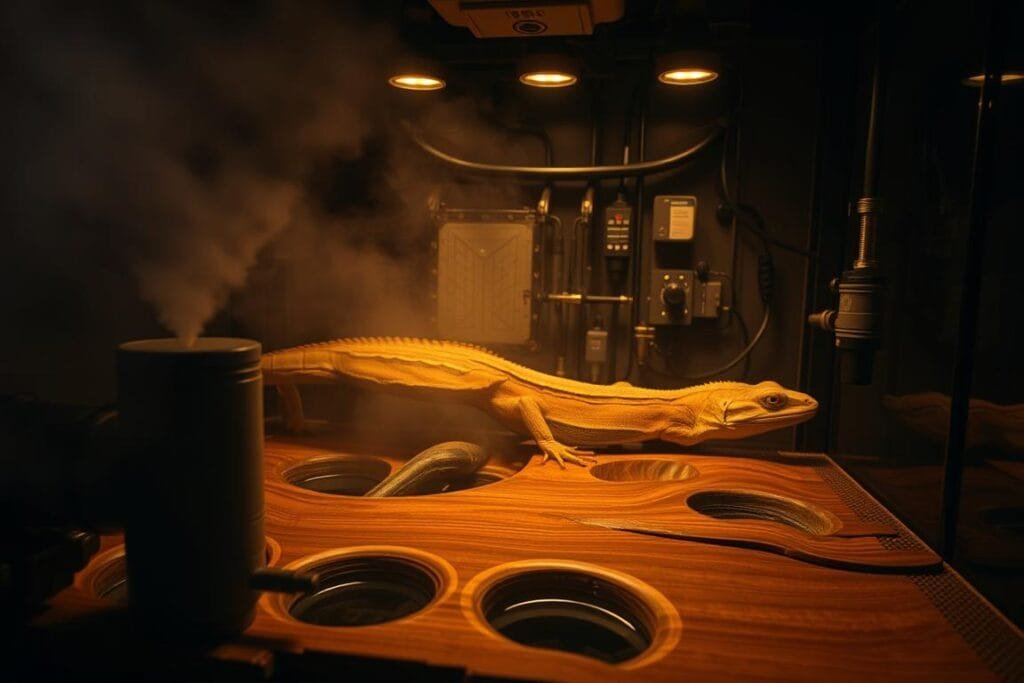 A dimly lit interior of a reptile terrarium, showcasing the humidity control mechanisms. In the foreground, a mist generator sprays a fine mist, creating a hazy, humid atmosphere. The middle ground features an elegant, wooden substrate with integrated water reservoirs and drainage channels, ensuring proper humidity levels. In the background, a complex network of tubes and sensors monitor and regulate the environment, maintaining the ideal temperature and moisture levels for an Eastern Water Dragon's habitat. Warm, diffused lighting from above casts a soft glow, accentuating the natural textures and details of the setup. The overall mood is one of carefully crafted, technical precision in service of the reptile's needs.