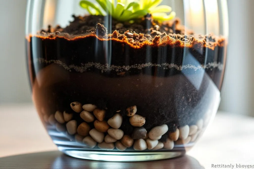 A glass container with clear, tempered walls, its base filled with distinct drainage layers - coarse pebbles, activated charcoal, and a top layer of lush, nutrient-rich potting soil. Soft, diffused natural lighting filters through the glass, casting a warm, earthy glow. The container is positioned at a slight angle, showcasing its elegant, minimalist design and the intricate layering within. The overall composition conveys a sense of tranquility and an invitation to create a thriving, self-sustaining terrarium ecosystem.