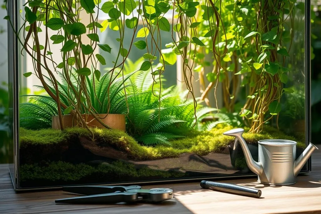 A glass terrarium filled with lush, cascading Spider plants, their vibrant green leaves spilling over the edges. Delicate ferns and moss carpeting the soil, creating a serene, verdant scene. Sunlight streams through the transparent walls, casting a warm, natural glow. In the foreground, a pair of gardening shears and a small watering can rest on a weathered wooden table, signifying the care and maintenance required to sustain this miniature oasis. The overall atmosphere is one of tranquility and horticultural harmony, inviting the viewer to discover the secrets of thriving terrariums.