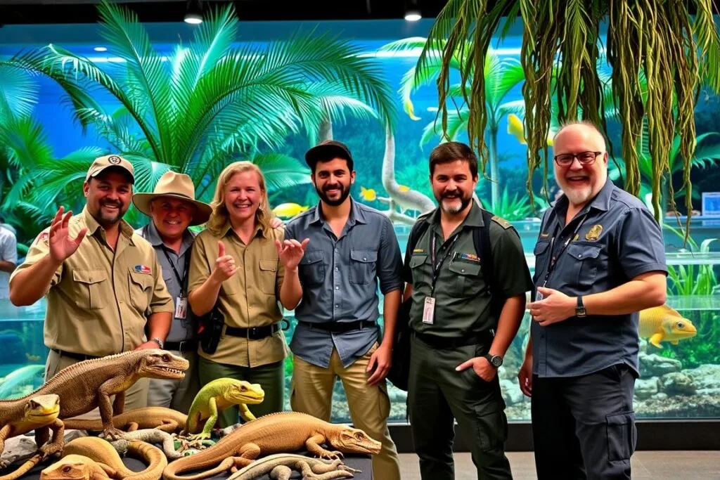 A group of professional reptile and aquarium event experts, standing confidently in a well-lit exhibition space. In the foreground, three experts in safari attire showcase various reptiles, gesturing excitedly as they describe their unique features. In the middle ground, an elaborate aquarium display showcases a variety of colorful fish and aquatic plants, illuminated by soft, natural lighting. In the background, a lush, jungle-like backdrop with towering palm fronds and hanging vines creates an immersive, Jurassic atmosphere. The experts' expressions convey their deep knowledge and passion for their work, inviting visitors to learn more about the wonders of reptiles and aquatic life.