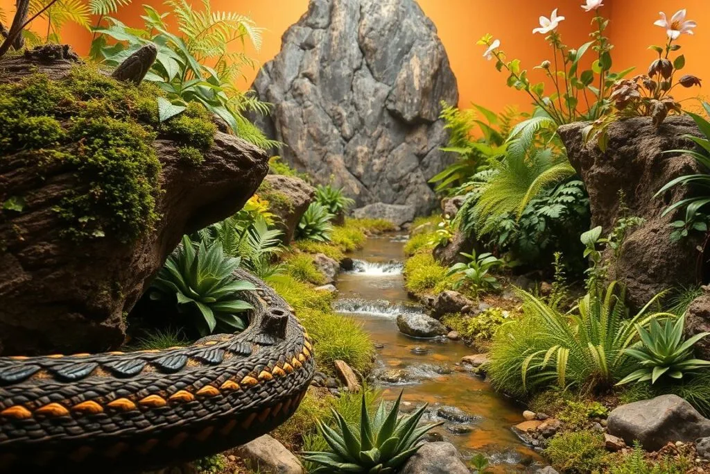 A lush and naturalistic reptile habitat set in a warm, earthy-toned environment. The foreground features a large, mossy log with intricate textures, providing ample hiding spots for a corn snake to explore. Surrounding the log, a diverse array of native plants like ferns, succulents, and flowering vines create a verdant, immersive scene. In the middle ground, a gently flowing stream meanders through the habitat, its shimmering surface reflecting the warm, diffused lighting from above. In the background, a rocky outcrop rises, its craggy surfaces complemented by the vibrant greens of the vegetation. The overall atmosphere conveys a sense of tranquility and balance, creating the perfect naturalistic setting for a corn snake to thrive.