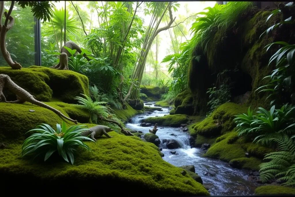 A lush, bioactive reptile habitat featuring a raised, naturalistic terrarium with a gently sloping substrate. In the foreground, a mossy forest floor covered in ferns and bromeliad plants. In the middle ground, a bubbling stream winding through the enclosure, its banks lined with vibrant, verdant vegetation. In the background, towering green foliage creates a canopy of filtered, ambient lighting. The scene exudes a sense of tranquility and balance, perfectly suited for a diverse array of reptilian species to thrive in a captive, yet naturalistic environment.