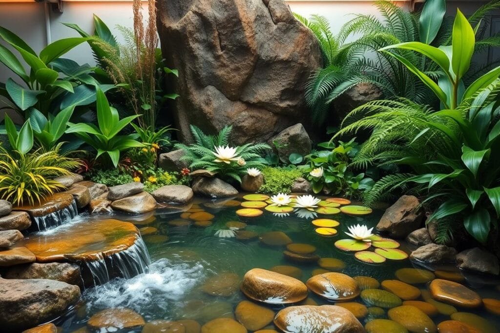 A lush, semi-aquatic terrarium setup featuring a tranquil pond, surrounded by a variety of vibrant, verdant plants. The foreground displays a gently sloping waterfall cascading into the crystal-clear pool, with smooth river rocks lining the banks. The middle ground showcases a diverse array of aquatic and semi-aquatic flora, including floating water lilies, lush ferns, and trailing vines. The background features a towering, natural rock formation, partially obscured by the dense, tropical foliage. Soft, diffused lighting creates a serene, natural ambiance, casting warm hues and gentle shadows throughout the scene. The overall composition evokes a sense of balance, harmony, and the perfect habitat for a thriving, semi-aquatic ecosystem.
