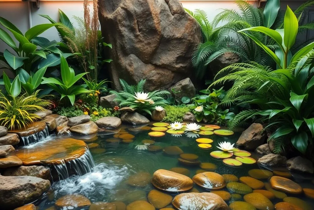 A lush, semi-aquatic terrarium setup featuring a tranquil pond, surrounded by a variety of vibrant, verdant plants. The foreground displays a gently sloping waterfall cascading into the crystal-clear pool, with smooth river rocks lining the banks. The middle ground showcases a diverse array of aquatic and semi-aquatic flora, including floating water lilies, lush ferns, and trailing vines. The background features a towering, natural rock formation, partially obscured by the dense, tropical foliage. Soft, diffused lighting creates a serene, natural ambiance, casting warm hues and gentle shadows throughout the scene. The overall composition evokes a sense of balance, harmony, and the perfect habitat for a thriving, semi-aquatic ecosystem.