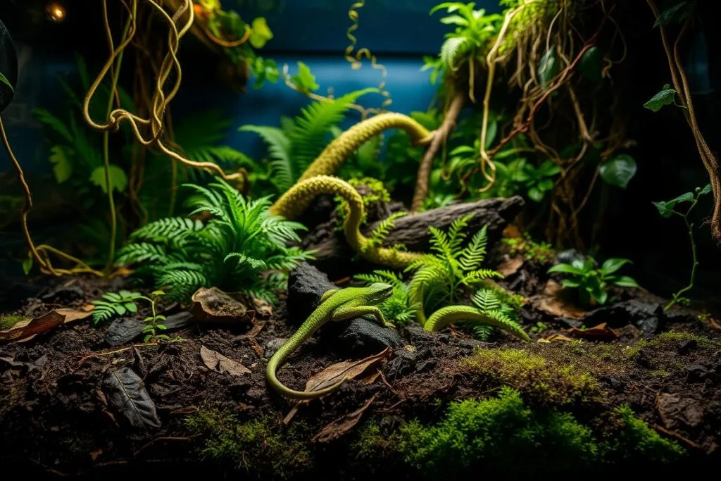 A lush terrarium filled with natural elements, creating an immersive green anole habitat. The foreground features a layered substrate of moist soil, dried leaves, and moss, providing a comfortable and visually appealing foundation. Midground showcases a variety of botanicals, including lush ferns, twisting vines, and verdant foliage, evoking a vibrant, jungle-like ambiance. In the background, a dimly lit scene with warm, diffused lighting casts a soft, natural glow, enhancing the overall realistic and inviting atmosphere. The composition and perspective offer a detailed and comprehensive view of the ideal reptile substrate and decor setup, capturing the essence of a thriving green anole enclosure.