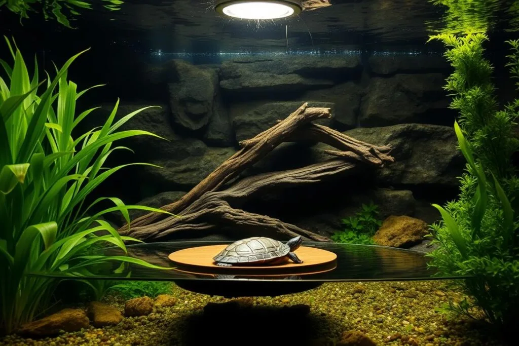 A lush, underwater scene depicting the essential components of a freshwater turtle aquarium. In the foreground, a basking platform with a warm, overhead light illuminates the tranquil water surface. Surrounding the platform, verdant aquatic plants sway gently, creating a serene habitat. In the middle ground, a submerged driftwood structure provides hiding spots and enrichment for the turtles. The background features a realistic backdrop of river rocks, gravel, and dimly lit depths, creating a natural, three-dimensional environment. The overall scene conveys a sense of balance, with the lighting, vegetation, and decorative elements working in harmony to provide an optimal habitat for the aquatic turtles.