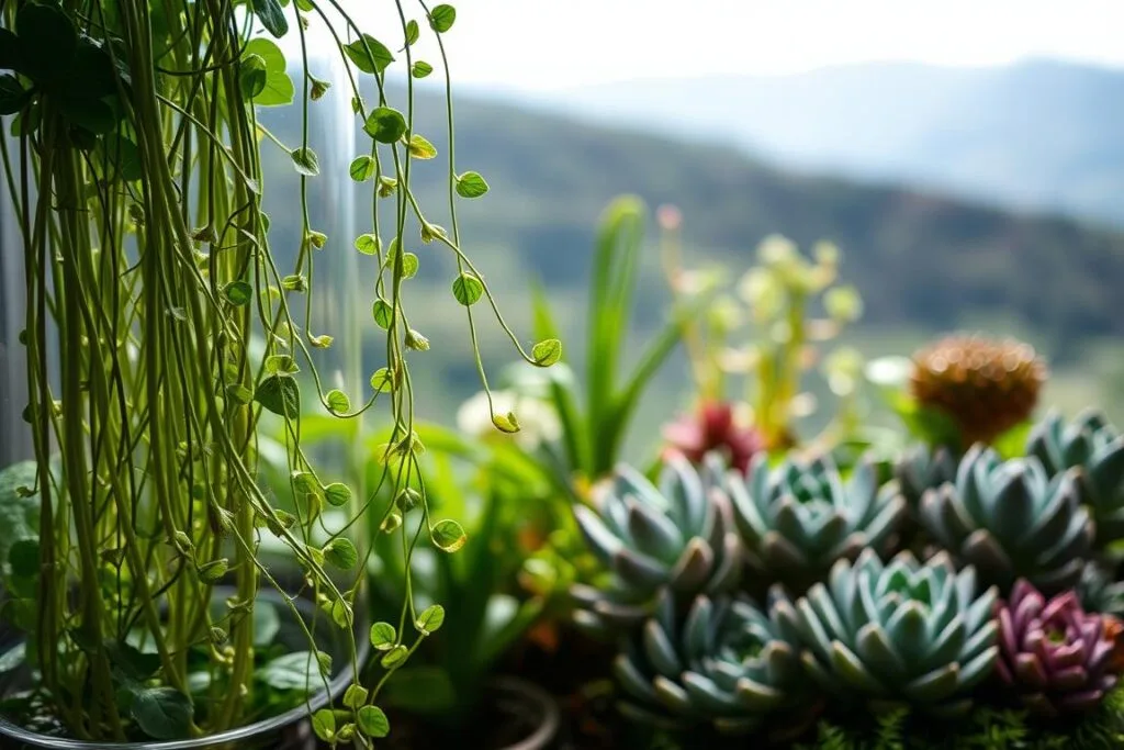 A lush, verdant terrarium scene showcasing the art of plant propagation and display. In the foreground, delicate Tradescantia stems are suspended in a glass container, their vibrant foliage cascading gracefully. Soft, diffused lighting illuminates the scene, casting gentle shadows that accentuate the sculptural forms of the plants. In the middle ground, a variety of succulents and houseplants are arranged in a visually striking composition, their textures and colors complementing each other. The background features a serene, blurred natural landscape, hinting at the origins of these captivating specimens. The overall atmosphere is one of tranquility and wonder, inviting the viewer to appreciate the beauty and harmony of this carefully curated plant display.