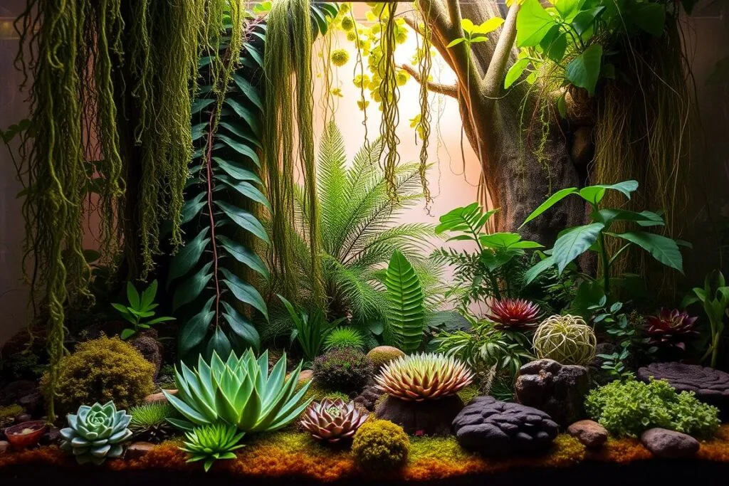A lush, vibrant bioactive terrarium with diverse, thriving plants cascading down from the canopy. In the foreground, a collection of low-growing succulents and mosses create a soft, textured ground cover. Towering ferns and trailing vines intertwine in the middle ground, casting dappled shadows. Backlit by warm, diffused light, the scene exudes a sense of tranquility and balance. Integrated throughout, a bustling community of isopods, springtails, and other beneficial decomposers maintain a healthy, self-sustaining ecosystem. Captured with a wide-angle lens to showcase the depth and complexity of this captivating bioactive enclosure.