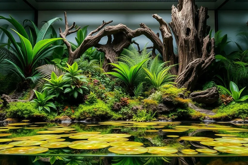 A meticulously crafted paludarium setup, showcasing a lush, verdant landscape with a captivating blend of aquatic and terrestrial elements. In the foreground, a tranquil pool of water reflects the diverse foliage above, creating a mesmerizing depth of field. Midground features a variety of tropical plants, including vibrant ferns, mosses, and delicate aquatic flora, arranged in a harmonious composition. The background is dominated by a towering arrangement of driftwood and rock formations, casting dramatic shadows and adding a sense of depth and dimension to the scene. Soft, diffused lighting from above accentuates the natural textures and colors, evoking a serene and immersive atmosphere, perfect for an aquatic vivarium.