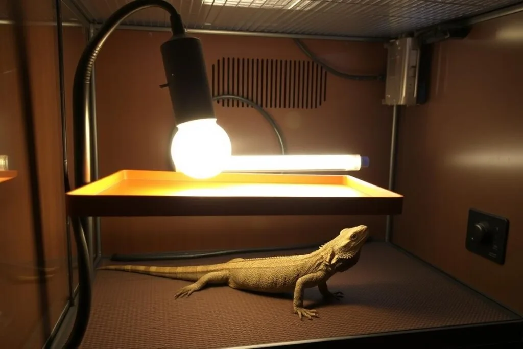 A meticulously curated reptile heating setup, showcasing a sleek and efficient arrangement. In the foreground, a sturdy basking platform with a strategically placed halogen lamp, casting a warm glow over the enclosure. In the middle ground, a discreet UVB tube light provides essential rays, seamlessly integrated into the enclosure's design. The background features a well-insulated terrarium, with strategic airflow vents and a thermostat-controlled heating mat, ensuring a perfectly regulated temperature gradient. The overall setup exudes a sense of thoughtful planning and attention to the specific needs of an Australian water dragon, creating an optimal environment for its health and wellbeing.