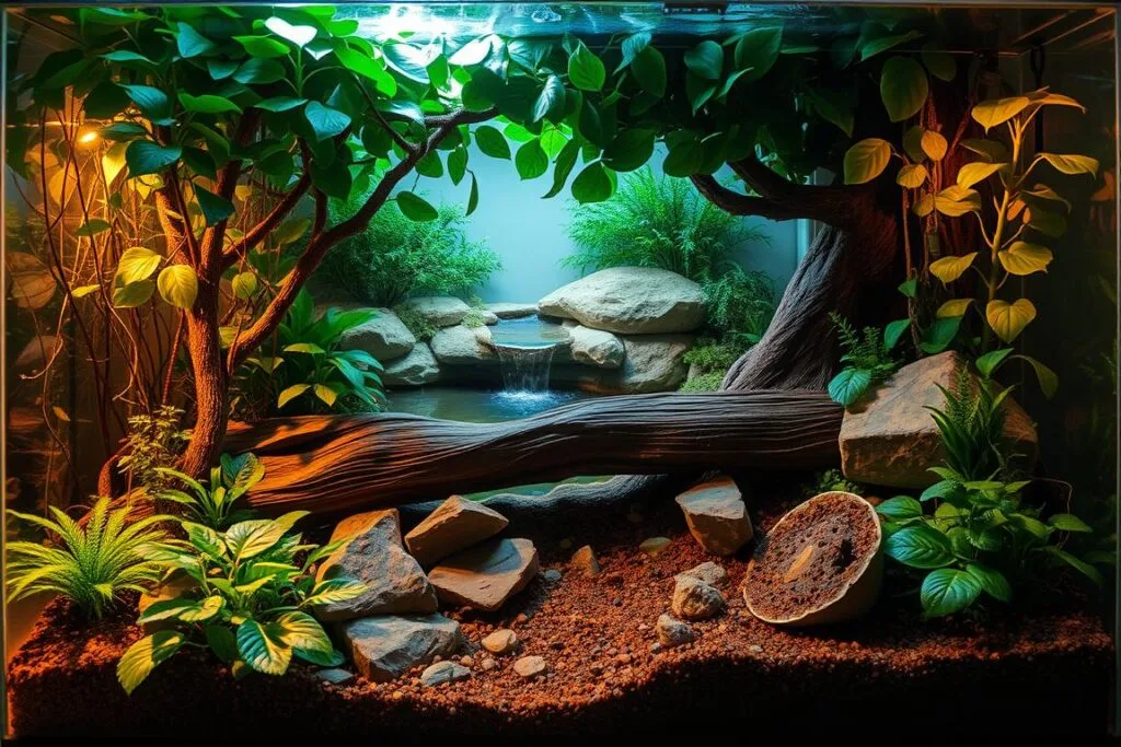 A meticulously detailed 40 gallon terrarium showcasing a captivating reptile habitat. In the foreground, lush foliage with broad leafy plants and winding vines creates a verdant, natural canopy. Arranging the middle ground, a fallen log and rocky outcroppings provide ample hiding spots and basking areas for a corn snake to explore. Warm, indirect lighting filters through the enclosure, casting a soft, golden glow that enhances the earthy tones of the soil and natural decorative elements. In the background, a subtle waterfall feature cascades into a tranquil pond, its soothing sounds and reflection adding depth and ambiance to the overall scene. The composition strikes a delicate balance between functionality and aesthetics, creating the ideal naturalistic environment for a thriving corn snake.