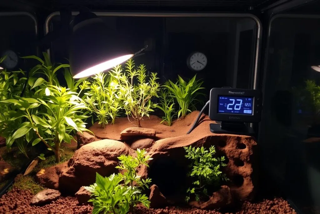 A meticulously detailed reptile enclosure with a thermal setup, showcasing a small terrarium filled with lush greenery and a variety of textures. The foreground features a heat lamp casting a warm glow, illuminating the natural substrate and hiding places for the reptile. In the middle ground, a digital thermostat and hygrometer monitor the precise temperature and humidity levels, ensuring the perfect habitat. The background displays the enclosure's sturdy glass walls, allowing for optimal visibility and ventilation. The scene conveys a sense of tranquility and attention to the reptile's well-being, with an emphasis on the technical aspects of the thermal setup.