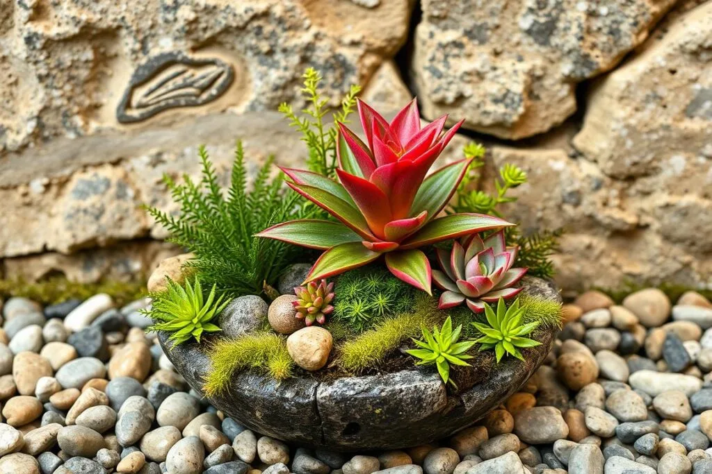 A miniature garden display with a vibrant Kalanchoe plant as the focal point, surrounded by a lush, carefully curated arrangement of small succulents, ferns, and moss. The scene is set against a backdrop of weathered, natural-looking rocks and pebbles, creating a sense of depth and dimension. Soft, diffused lighting casts gentle shadows, highlighting the intricate textures and colors of the plants. The composition is balanced and visually striking, conveying a sense of tranquility and harmony, perfect for showcasing a beautiful Kalanchoe terrarium.