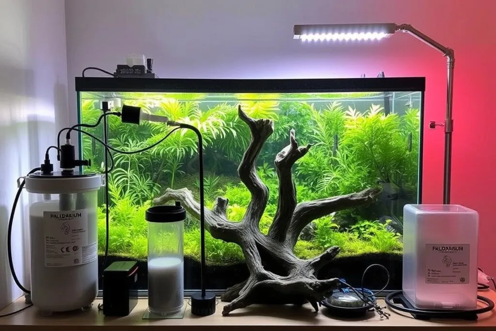 A neatly arranged assortment of paludarium equipment, including a clear glass tank with a lush, verdant terrarium landscape, illuminated by soft, natural lighting filtering through the foliage. In the foreground, an intricate filtration system, air pump, and misting device stand ready to maintain the delicate aquatic-terrestrial balance. The middle ground features a beautifully crafted driftwood centerpiece, providing structural support and visual interest. In the background, a subtle yet effective LED lighting system casts a warm, ambient glow, creating a serene and inviting atmosphere for this vital paludarium setup.