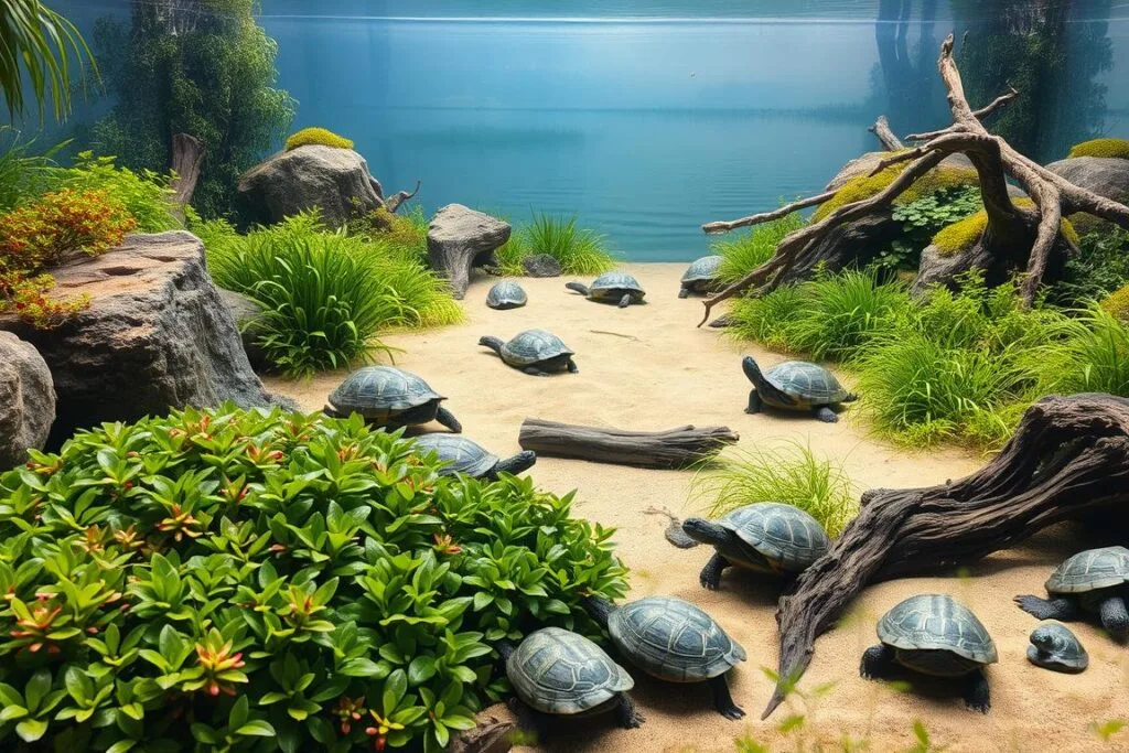 A serene aquatic habitat for freshwater turtles, featuring a lush, densely planted foreground with vibrant aquatic vegetation, surrounded by rocky outcroppings and natural driftwood accents. The middle ground showcases a gently sloping sandy substrate, with partially submerged logs and rocks providing basking platforms. Diffused natural lighting filters through the surface, creating a warm, inviting atmosphere. In the background, a tranquil body of water reflects the scene, creating a sense of depth and visual harmony. The overall composition evokes a balanced, naturalistic ecosystem that caters to the needs of aquatic turtles, promoting their health and well-being.