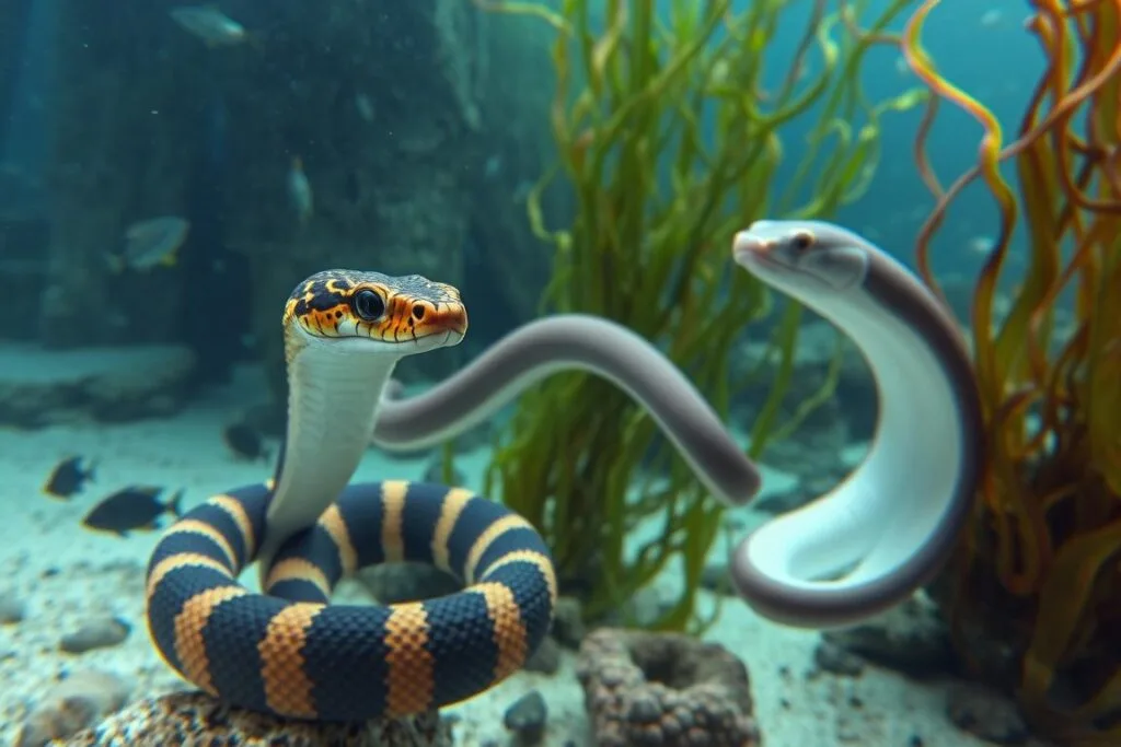 A serene underwater scene showcasing a comparison between a venomous sea snake and a sleek, sinuous eel. In the foreground, the sea snake's vibrant, banded body coils gracefully, its piercing eyes and gaping jaws expressing a sense of danger. In the middle ground, the eel undulates effortlessly, its sinuous movements in stark contrast to the snake's more rigid posture. The background is filled with a lush, aquatic environment, with swaying seaweed and schools of fish adding depth and a sense of the oceanic realm. Soft, diffused lighting illuminates the scene, creating a sense of tranquility and wonder. The overall composition highlights the distinct characteristics and behaviors of these two captivating marine creatures.