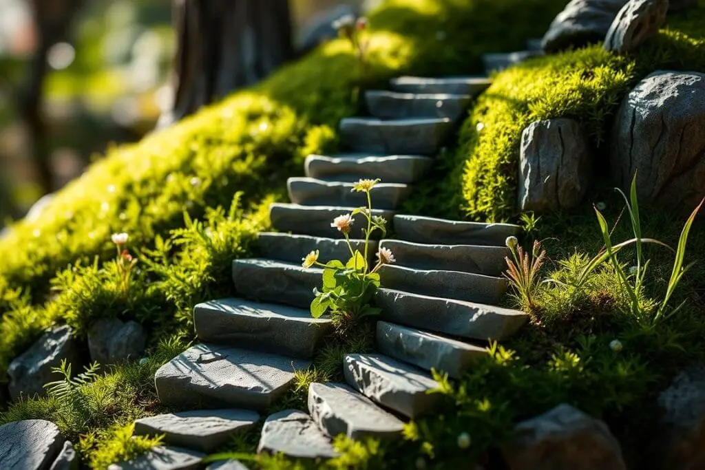 A set of ornate, handcrafted mini garden steps, carved from weathered stone and moss-covered wood, leading up a lush, verdant hillside. The steps wind through a whimsical garden of tiny, blooming flowers, delicate ferns, and gently swaying grasses, bathed in soft, natural lighting that casts long shadows and highlights the textural details. The overall scene conveys a sense of tranquility, enchantment, and the beauty of a meticulously crafted miniature landscape.